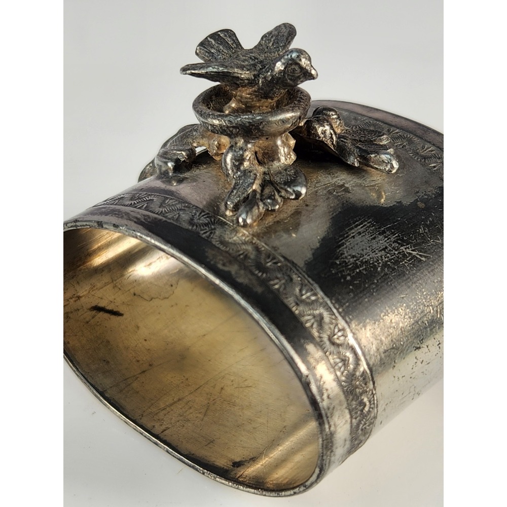Antique Silver Plated Figurine Napkin Ring Nesting Bird On Branch Collectible